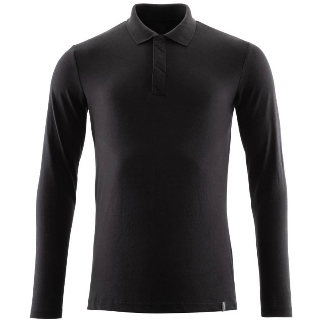 Schwarzes Langarm-Poloshirt mit Kragen und dreiknöpfiger Knopfleiste, Vorderansicht auf einfarbigem Hintergrund gezeigt.