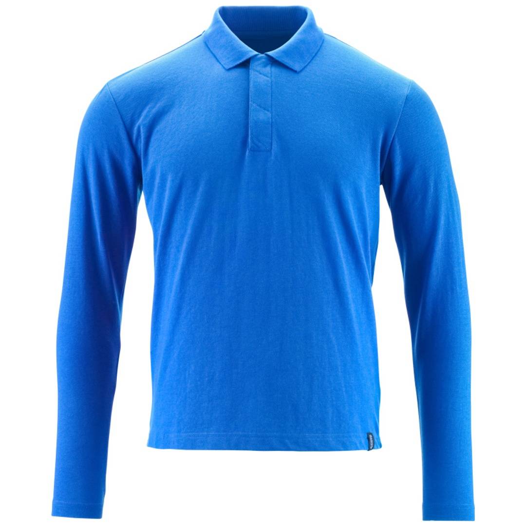 Blaues Poloshirt mit langen Ärmeln isoliert auf weißem Hintergrund.