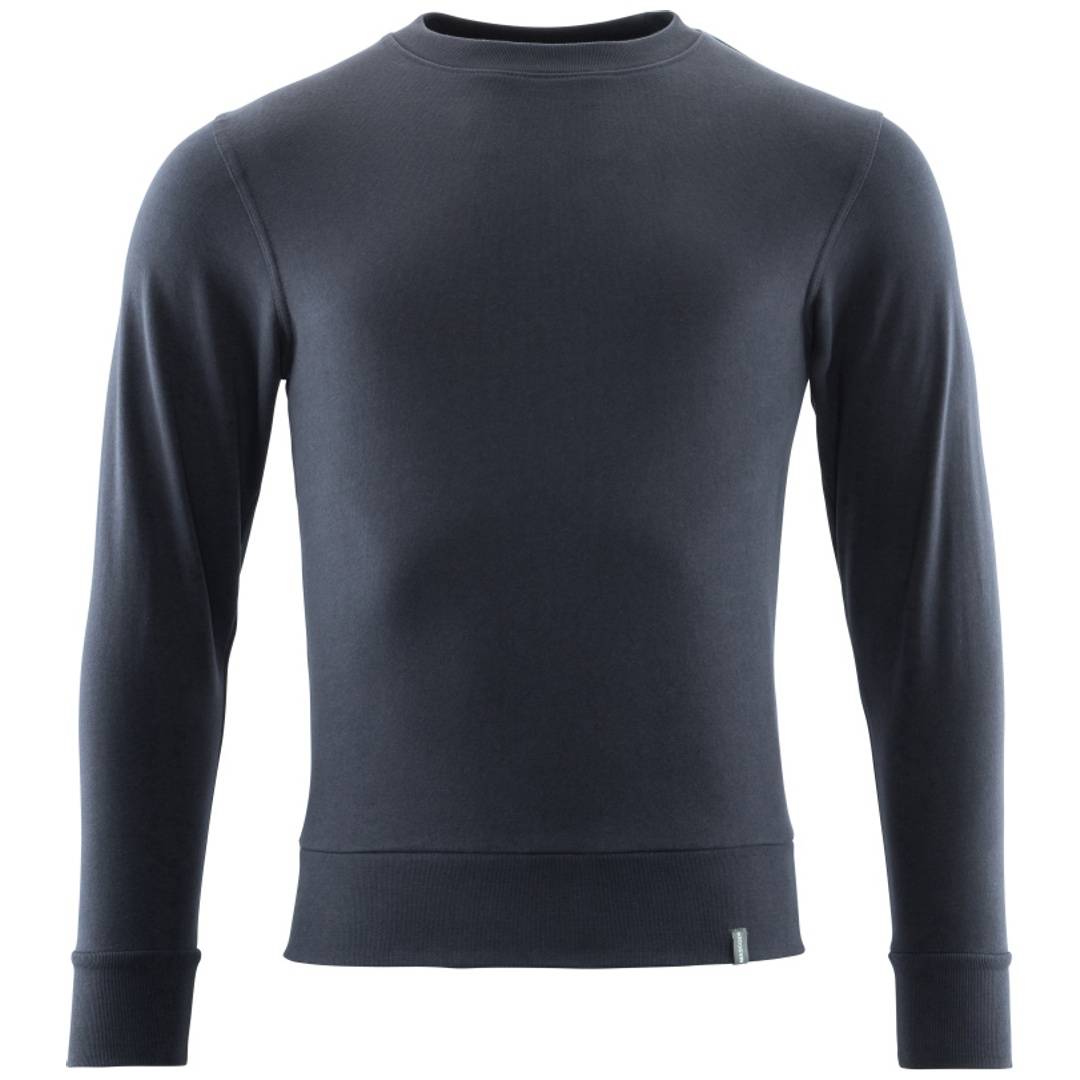 Dunkles Langarm-Crewneck-Shirt in Vorderansicht auf weißem Hintergrund.