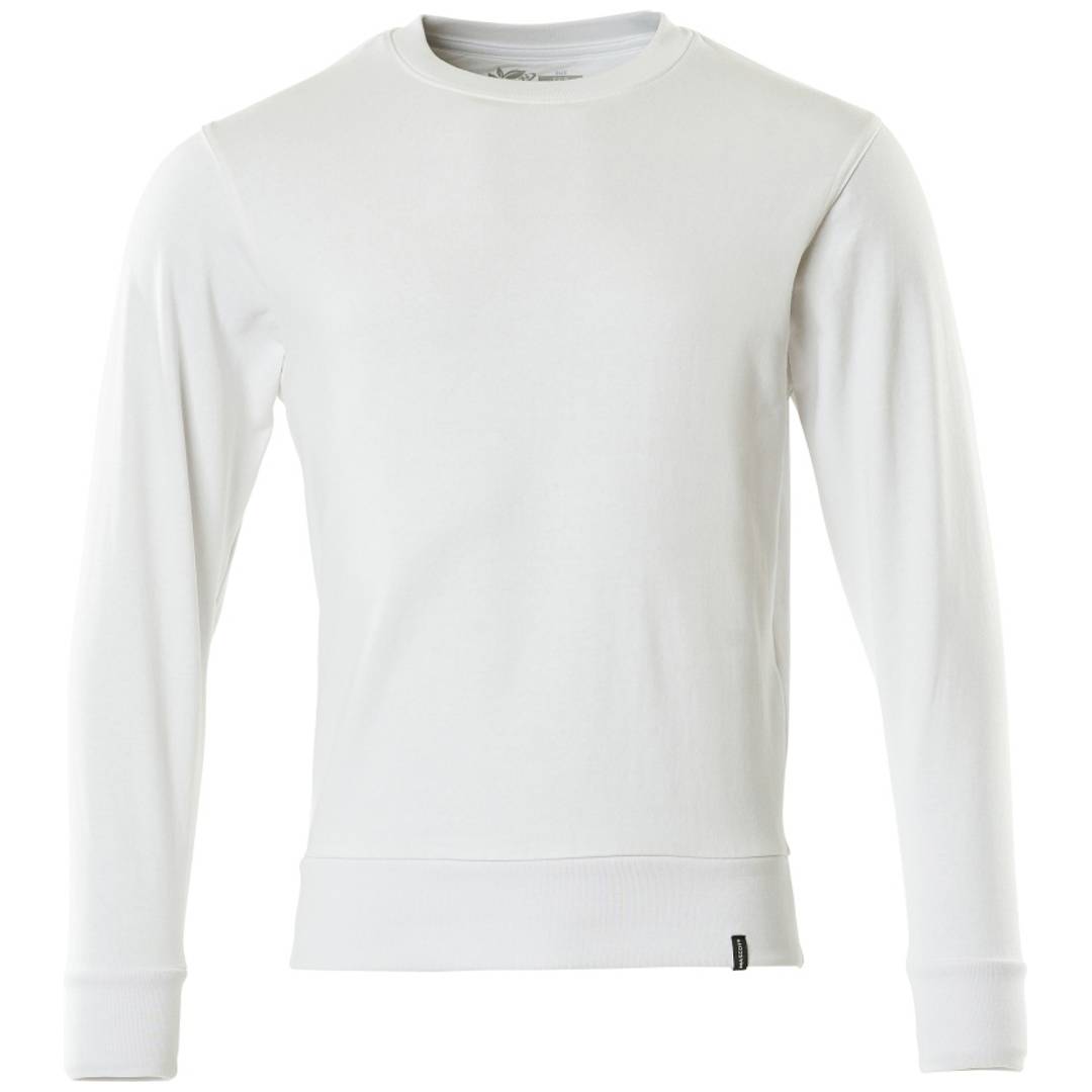 Weißes Langarm-Crewneck-Shirt in Vorderansicht auf neutralem Hintergrund.