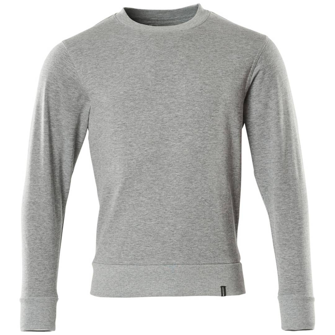 Hellgrau meliertes Sweatshirt mit langen Ärmeln, Rundhalsausschnitt, gerader Saumkante und Bündchen, dargestellt vor weißem Hintergrund.