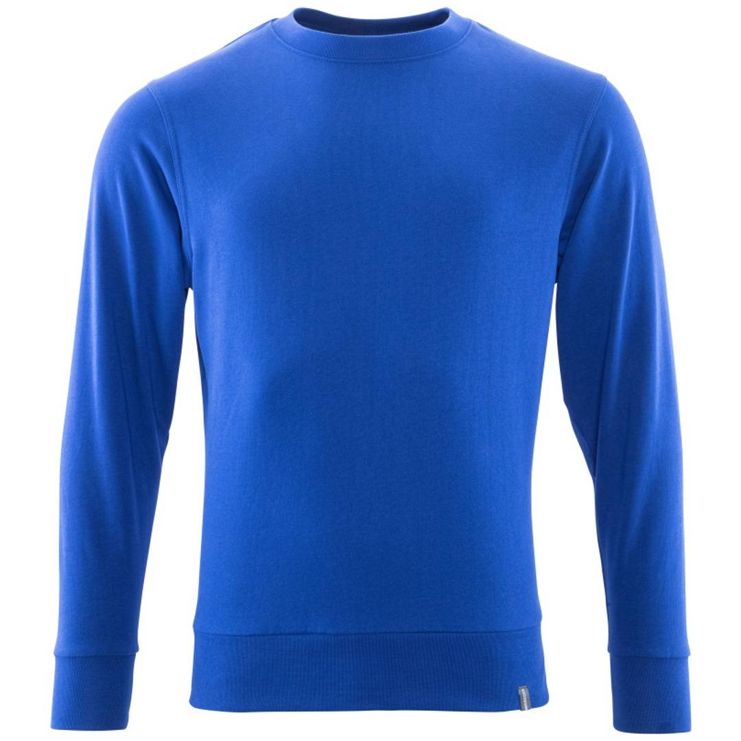 Blauem Langarm-Sweatshirt mit Rundhalsausschnitt, vorne gezeigt auf weißem Hintergrund.