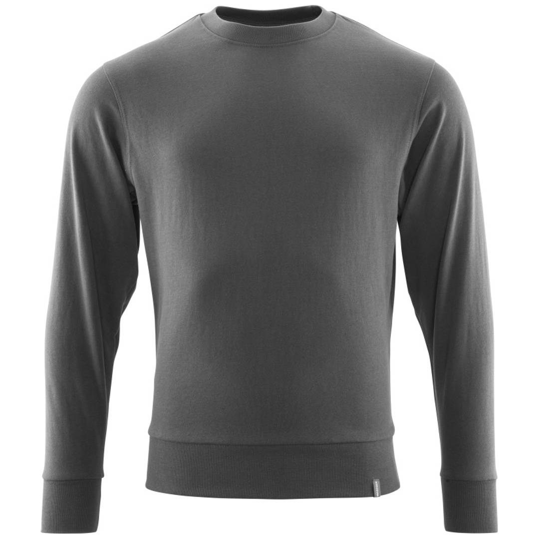 Graues Langarm-Crewneck-Shirt in Vorderansicht auf einfachem Hintergrund.