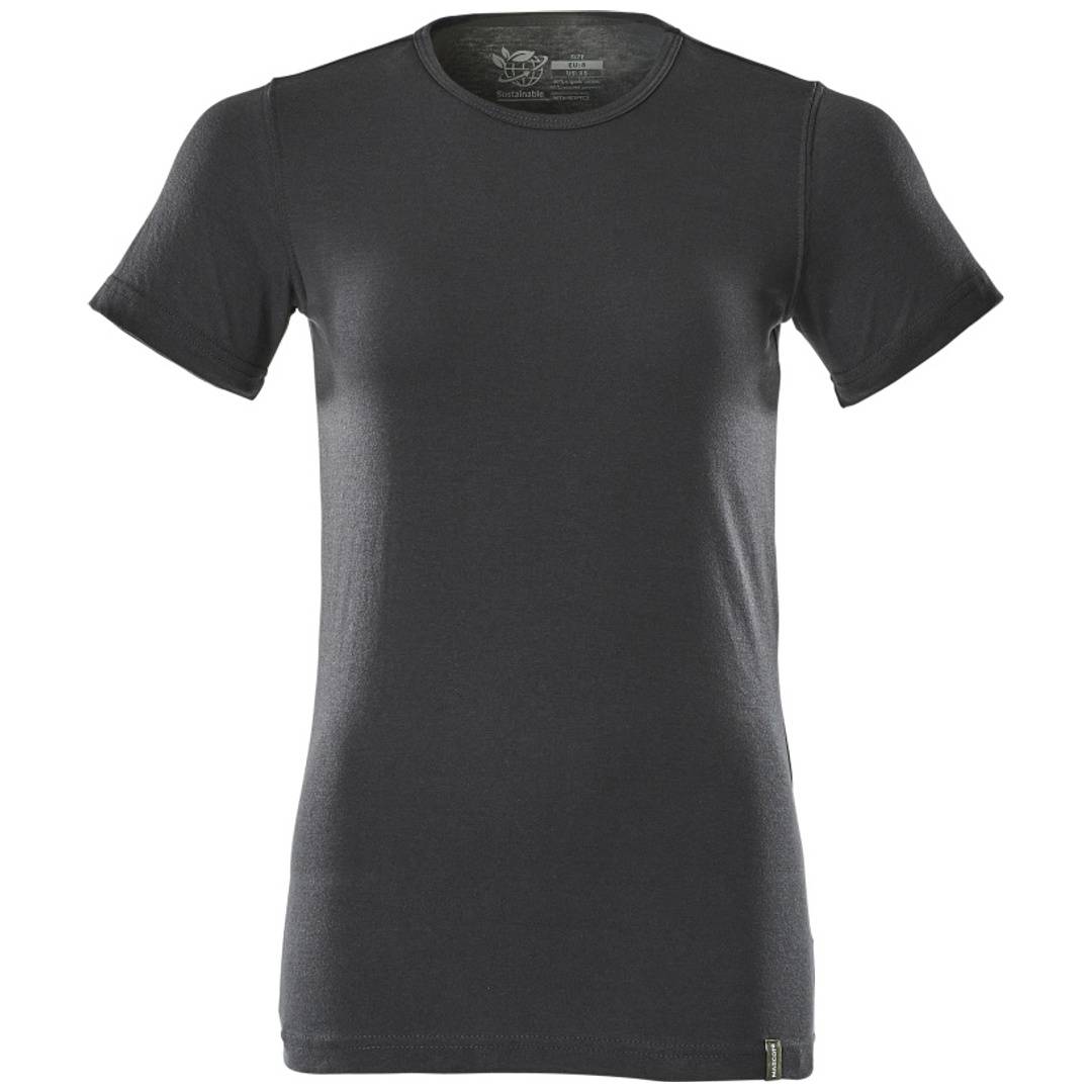 Dunkelgraues kurzärmeliges Crewneck-T-Shirt in Vorderansicht auf weißem Hintergrund.