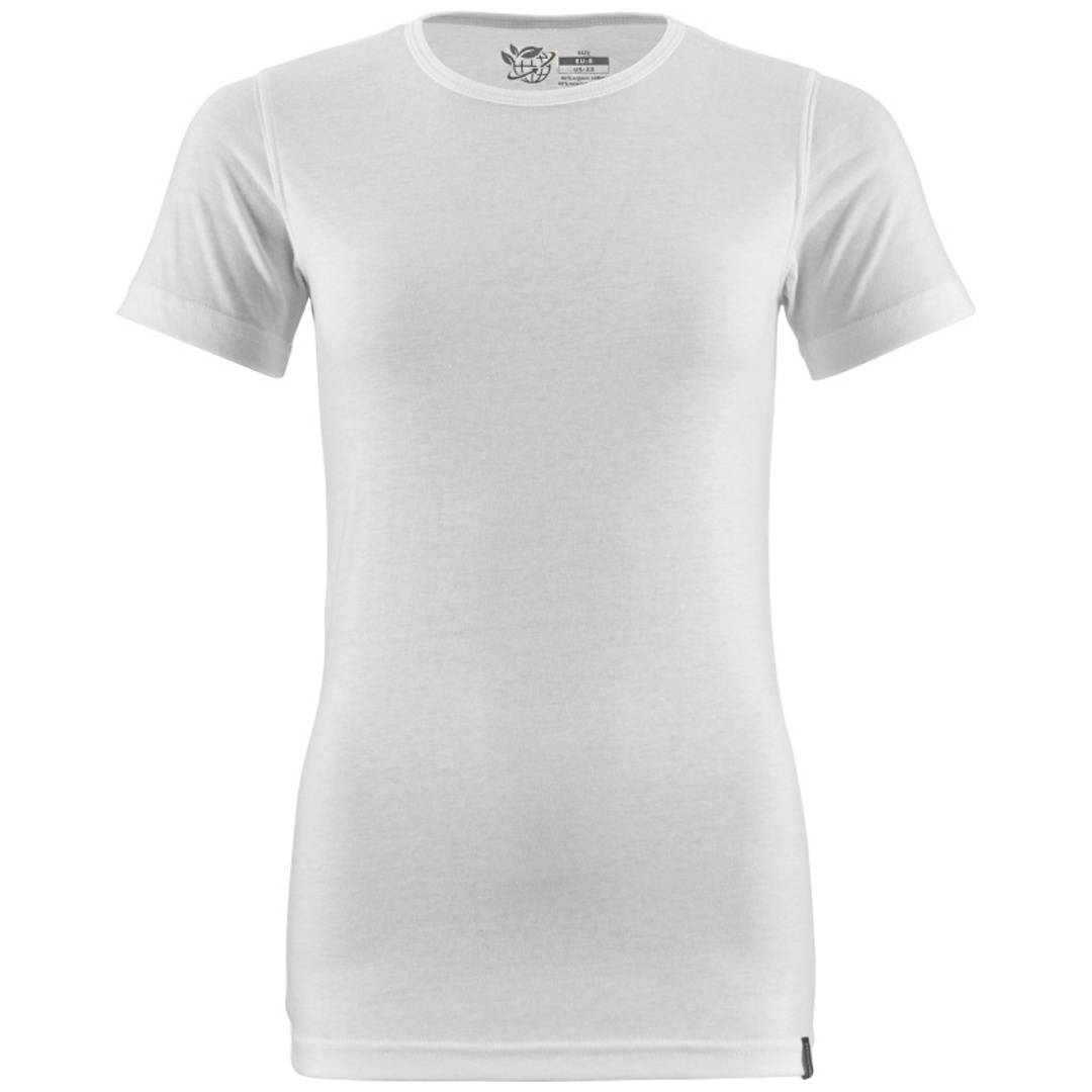 Weißes kurzärmeliges Rundhals-T-Shirt, Vorderansicht auf einfachem Hintergrund dargestellt.