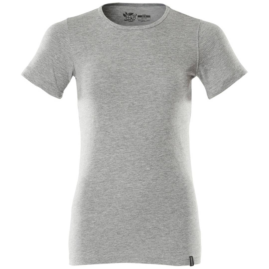 Graues kurzärmeliges Rundhals-T-Shirt, flach gegen weißen Hintergrund fotografiert.