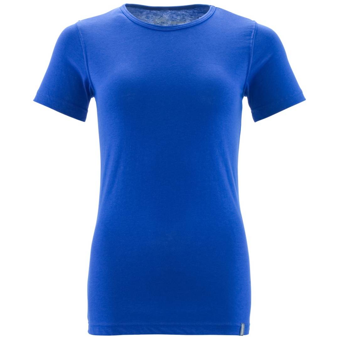 Blaues T-Shirt mit Kurzarm und Rundhalsausschnitt auf weißem, unifarbigem Hintergrund.