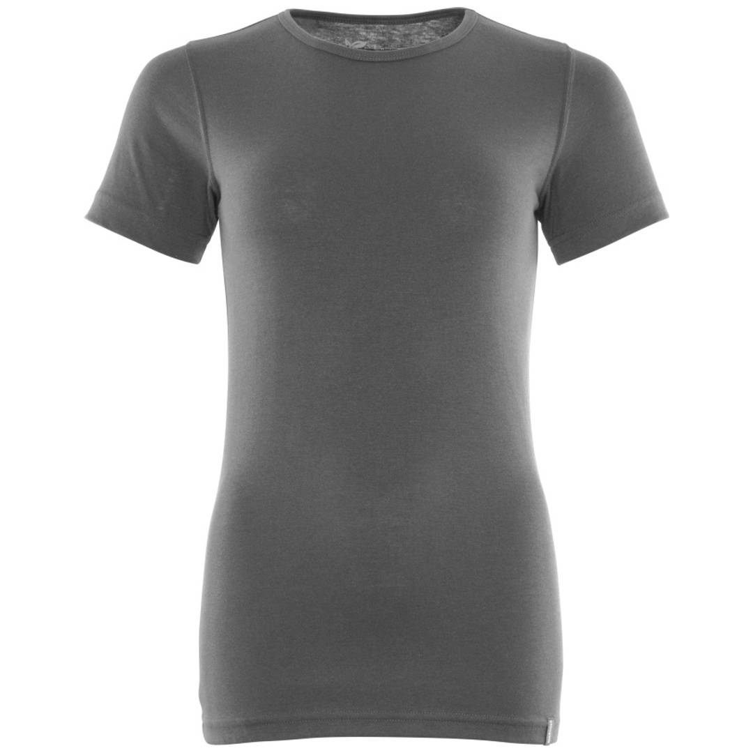Graues kurzärmeliges T-Shirt in Vorderansicht auf weißem Hintergrund.