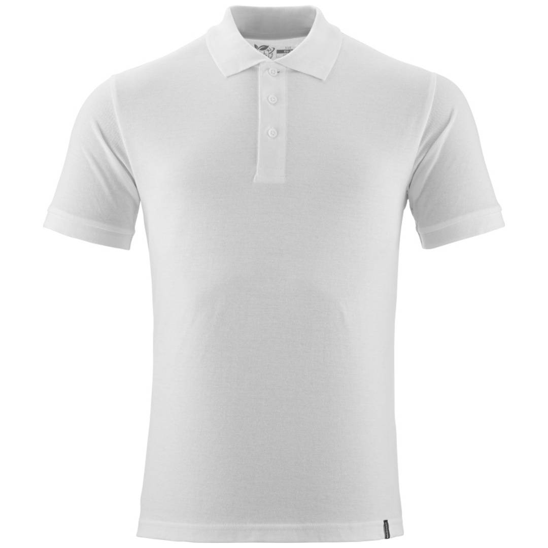 Weißes Poloshirt mit kurzen Ärmeln, Kragen und dreiknöpfiger Knopfleiste, Vorderansicht auf neutralem Hintergrund.