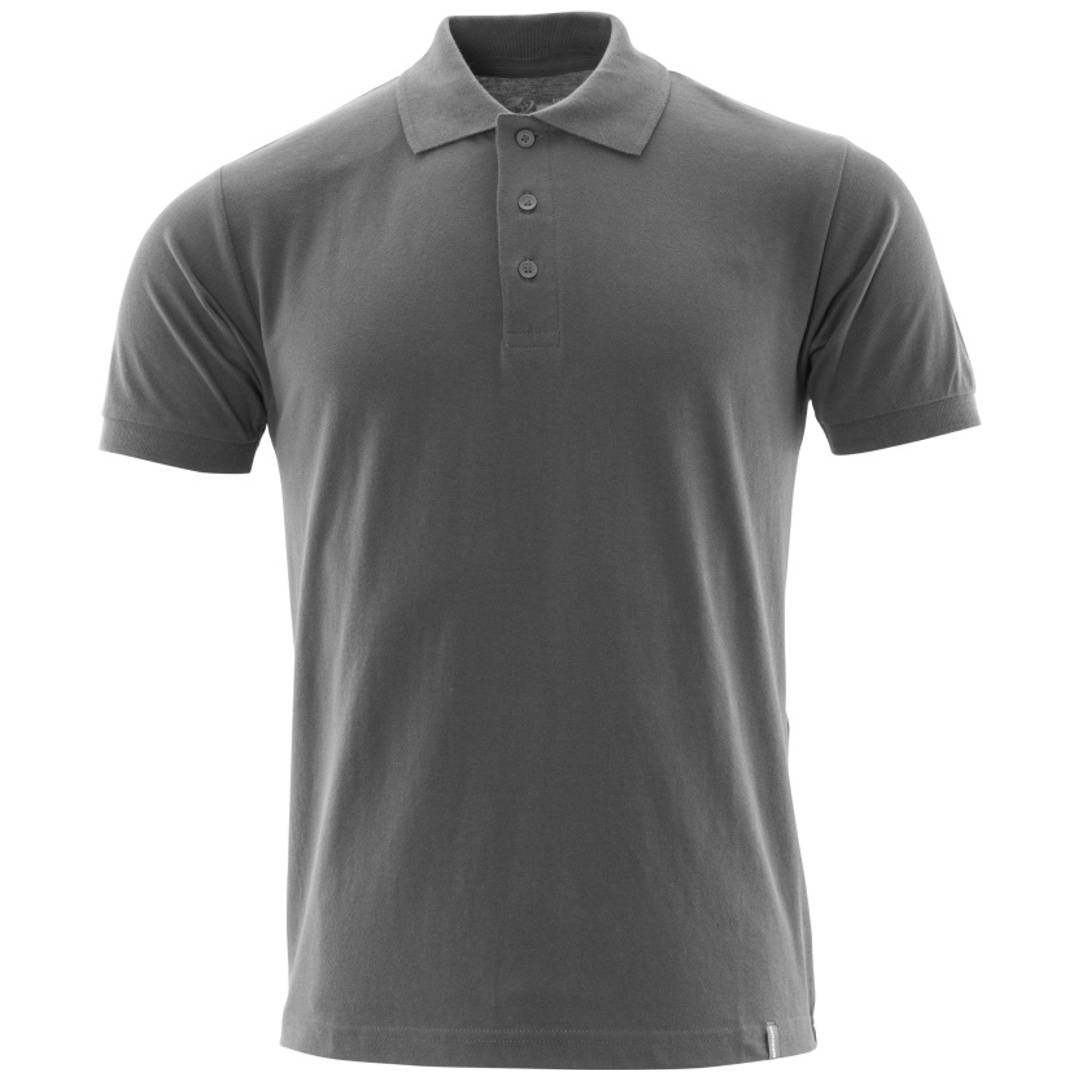 Graues Poloshirt mit kurzen Ärmeln, Vorderansicht auf einfachem weißem Hintergrund.