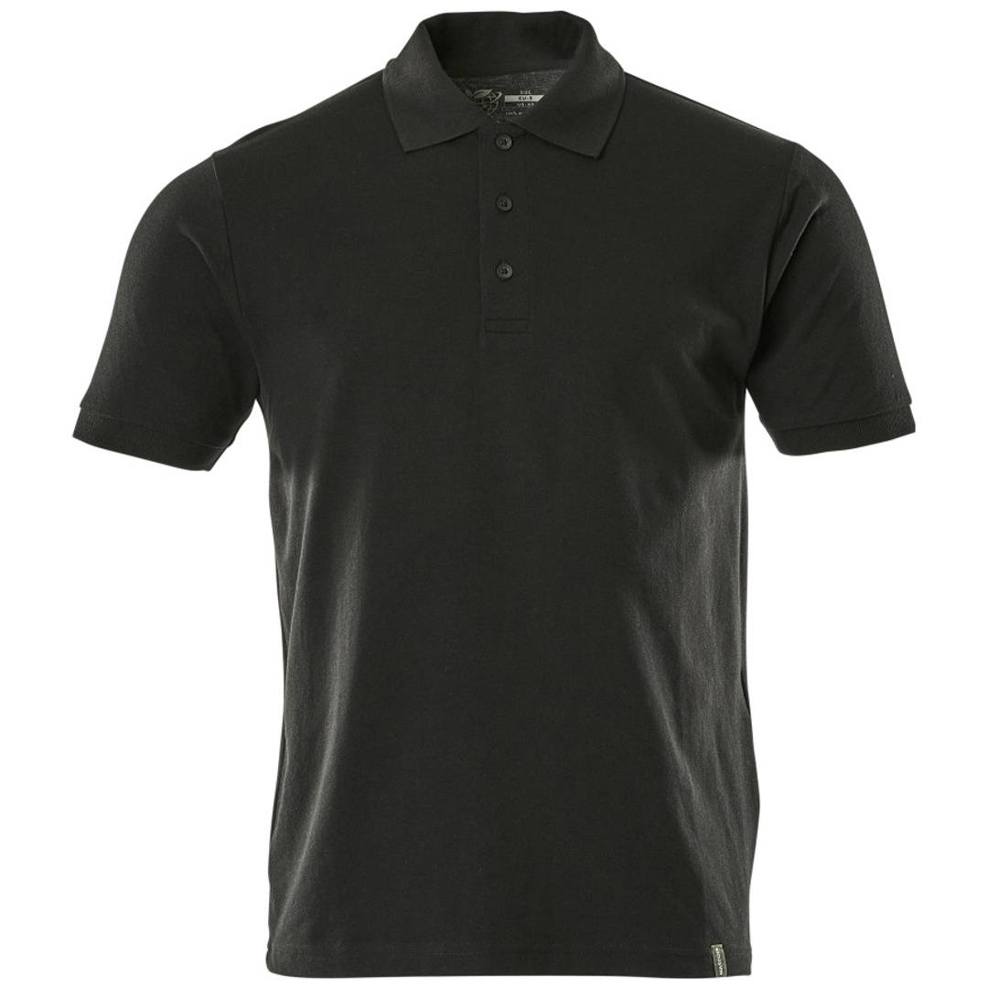 Schwarzes Kurzarm-Poloshirt in Vorderansicht auf einfachem weißem Hintergrund.