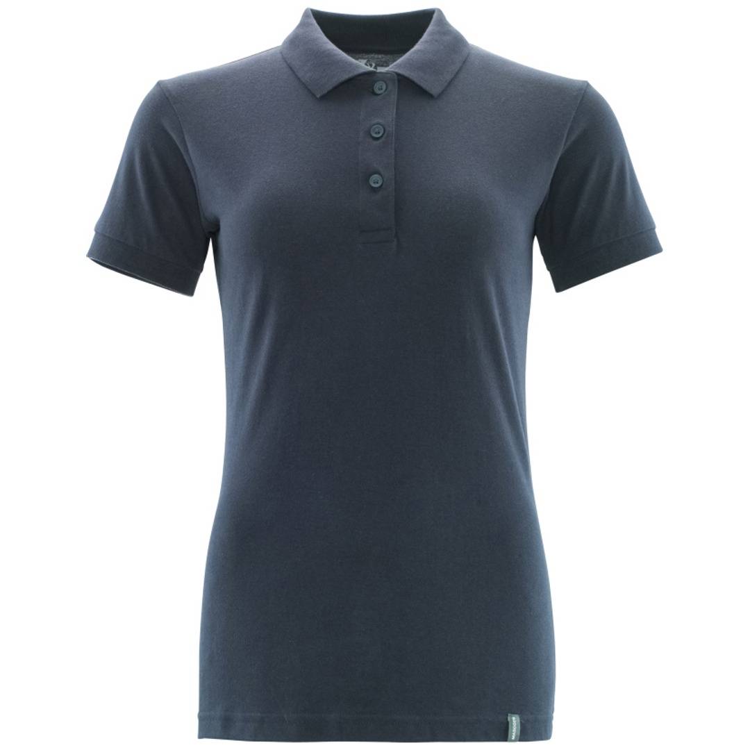 Dunkelblaues Poloshirt mit Kurzarm und dreiknöpfiger Knopfleiste, Vorderansicht auf einfachem weißem Hintergrund.