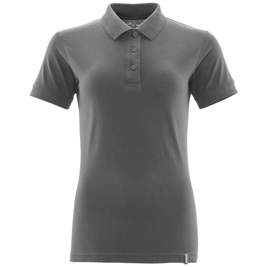 Graues Kurzarm-Poloshirt mit Kragen und dreiteiliger Knopfleiste, Vorderansicht auf einfachem Hintergrund.