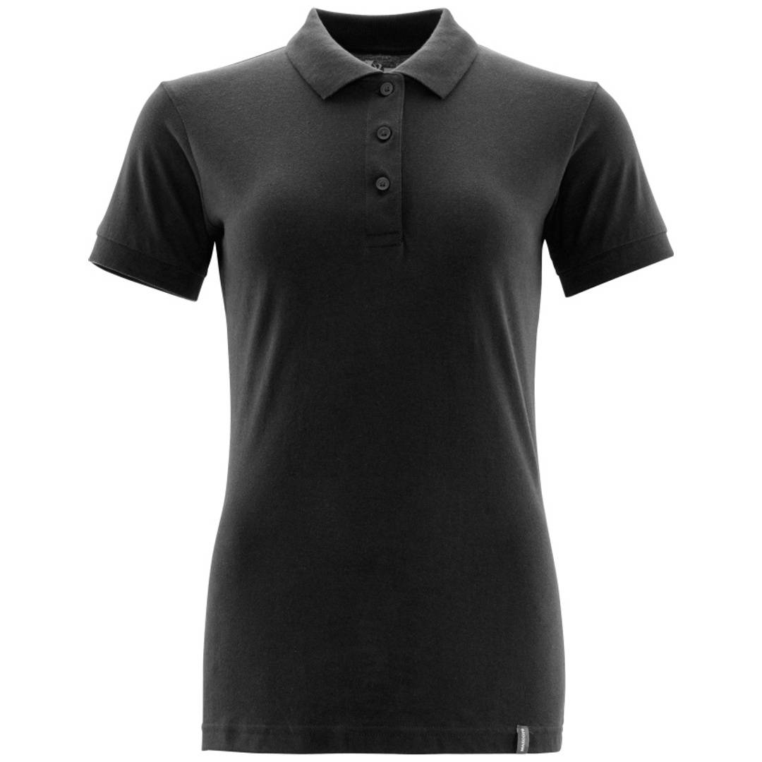 Schwarzes Kurzarm-Poloshirt mit Kragen und dreiknöpfiger Knopfleiste, Vorderansicht auf weißem Hintergrund dargestellt.