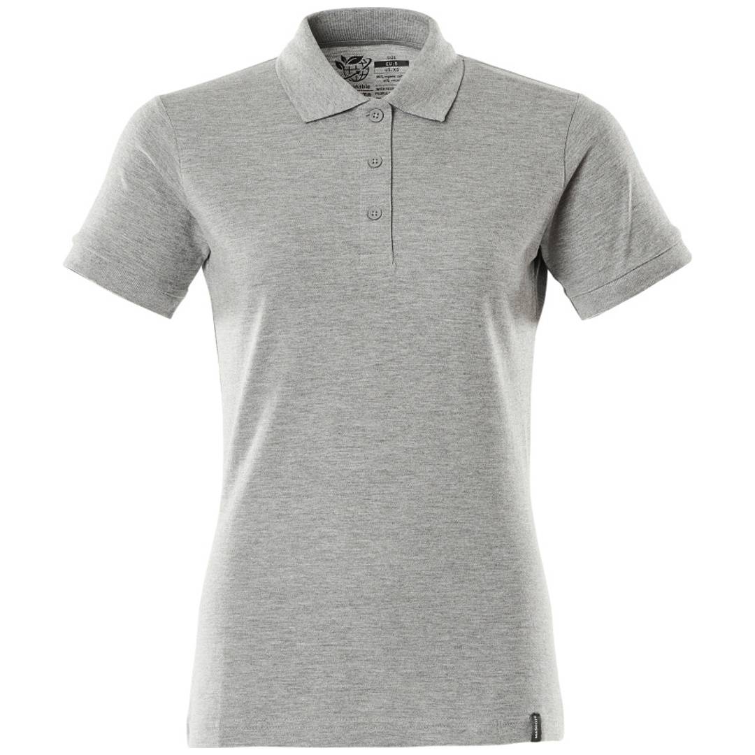 Hellgraues, kurzärmeliges Poloshirt mit Kragen und dreiknöpfiger Knopfleiste auf einfachem weißem Hintergrund.