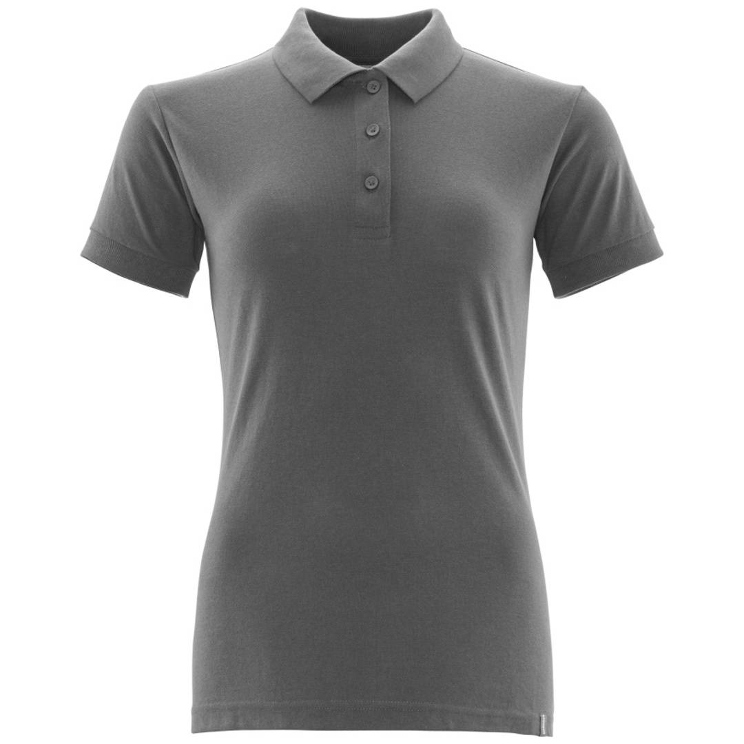 Graues Poloshirt mit Kurzarm, Kragen und dreiknöpfiger Knopfleiste, Vorderansicht auf einfachem weißem Hintergrund dargestellt.