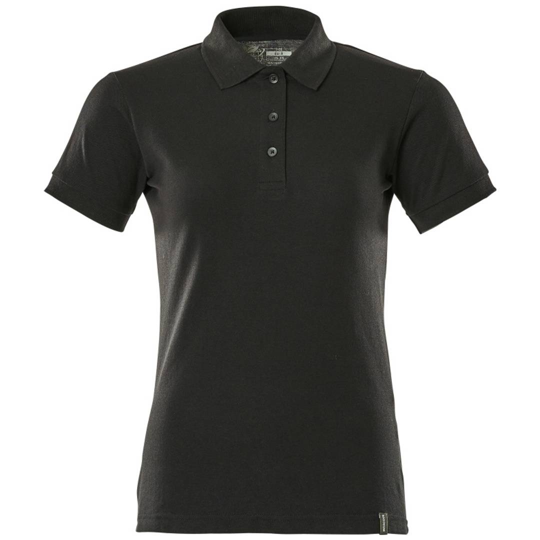 Schwarzes Poloshirt mit kurzen Ärmeln, Kragen und dreigeteilter Knopfleiste, Vorderansicht auf weißem Hintergrund dargestellt.