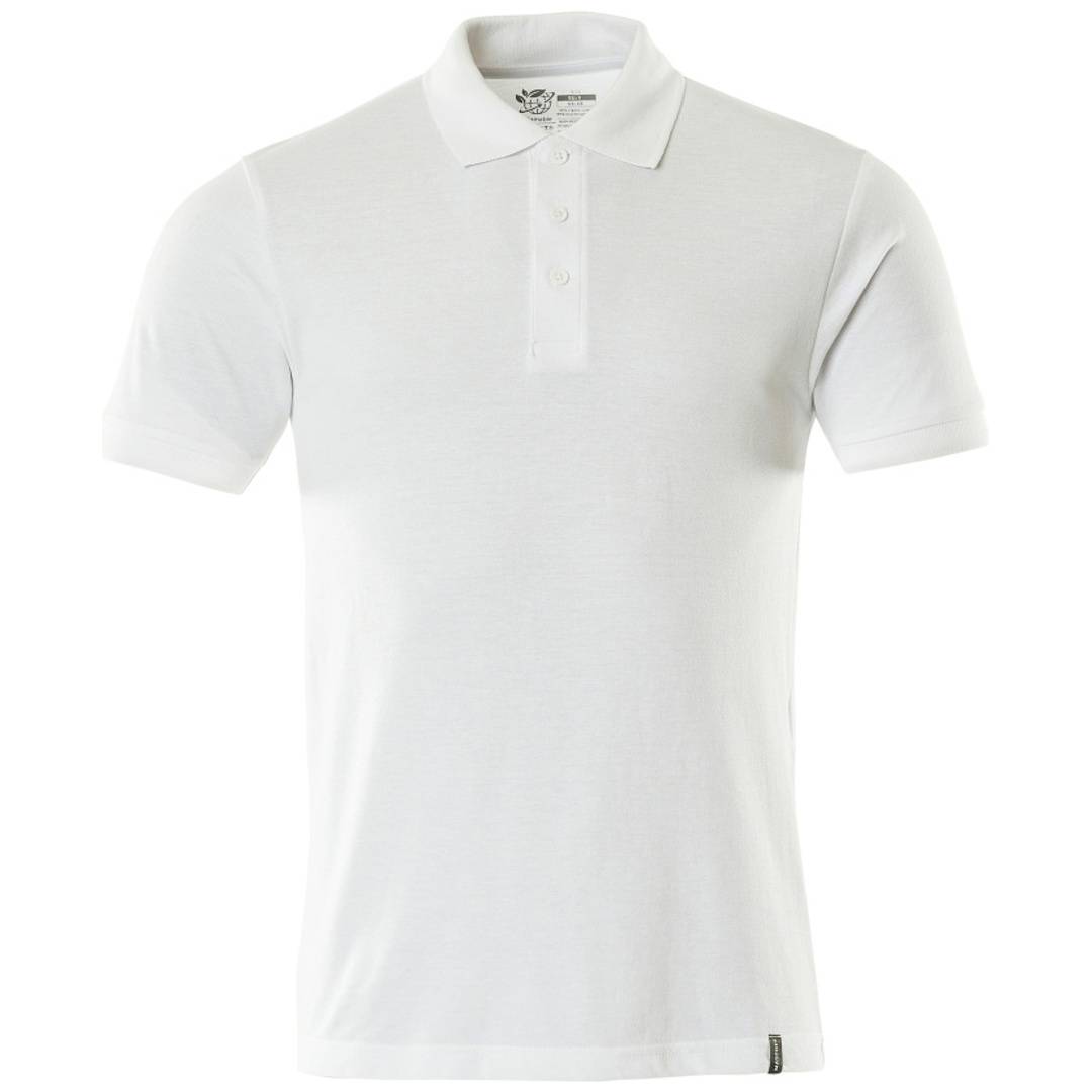 Weißes Poloshirt mit kurzen Ärmeln, Kragen und dreigeteilter Knopfleiste, frontal auf neutralem Hintergrund gezeigt.