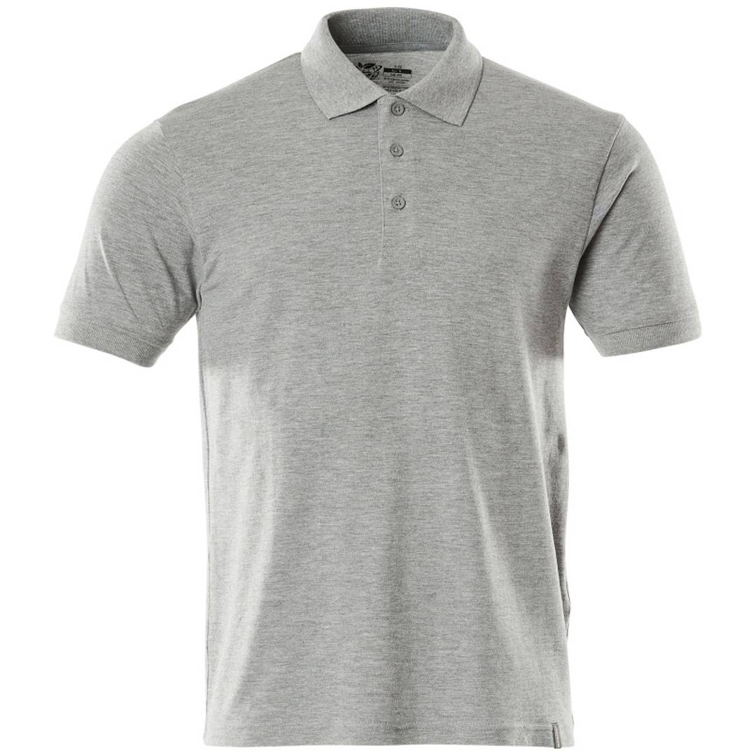 Hellgraues Poloshirt mit Kurzarm, Kragen und dreigeteilter Knopfleiste, Vorderansicht auf weißem Hintergrund.
