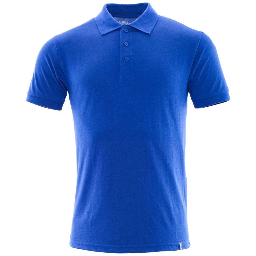 Blaues Kurzarm-Poloshirt auf einem schlichten weißen Hintergrund.