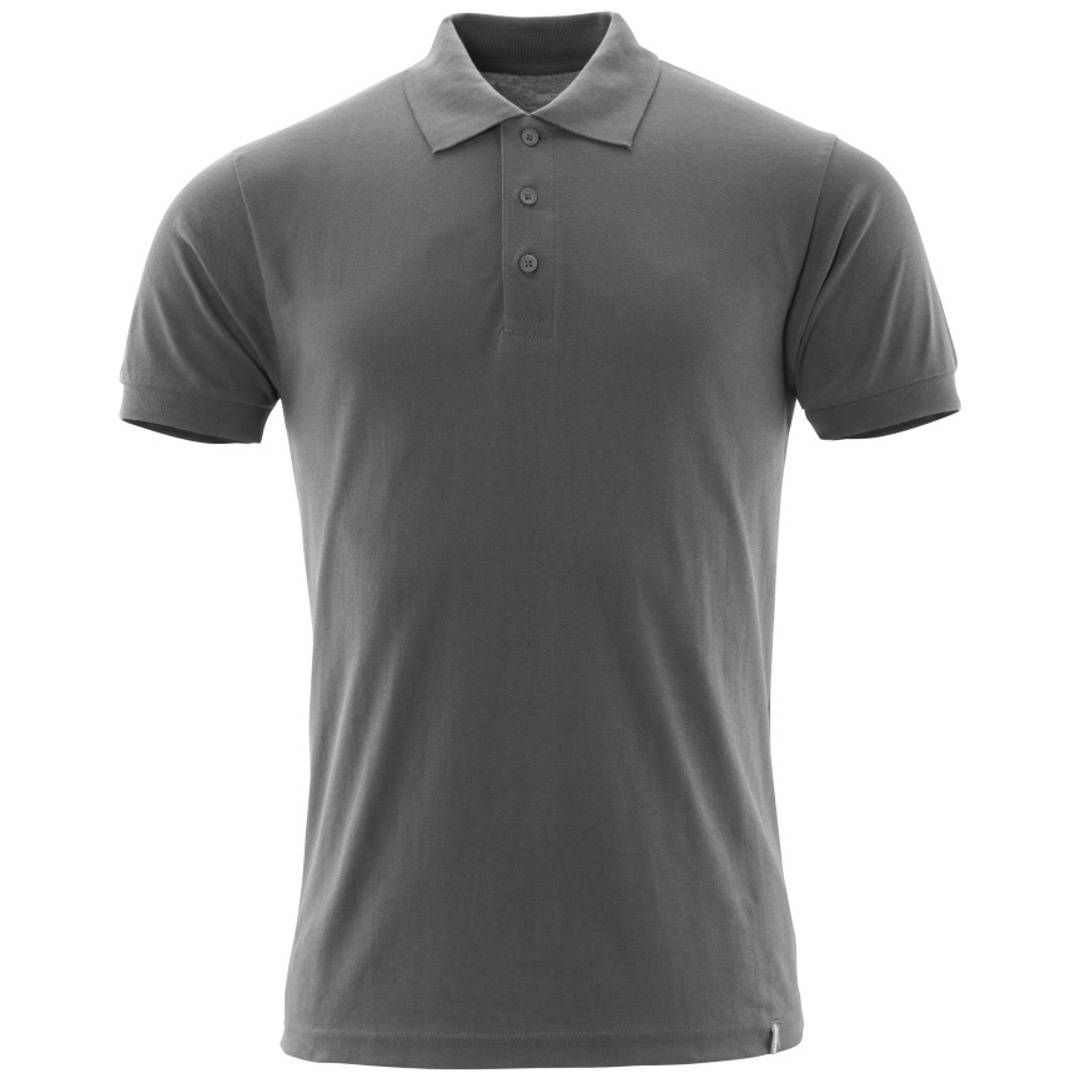 Graues Kurzarm-Poloshirt mit dreiknöpfigem Knopfleiste, Vorderansicht auf weißem Hintergrund.
