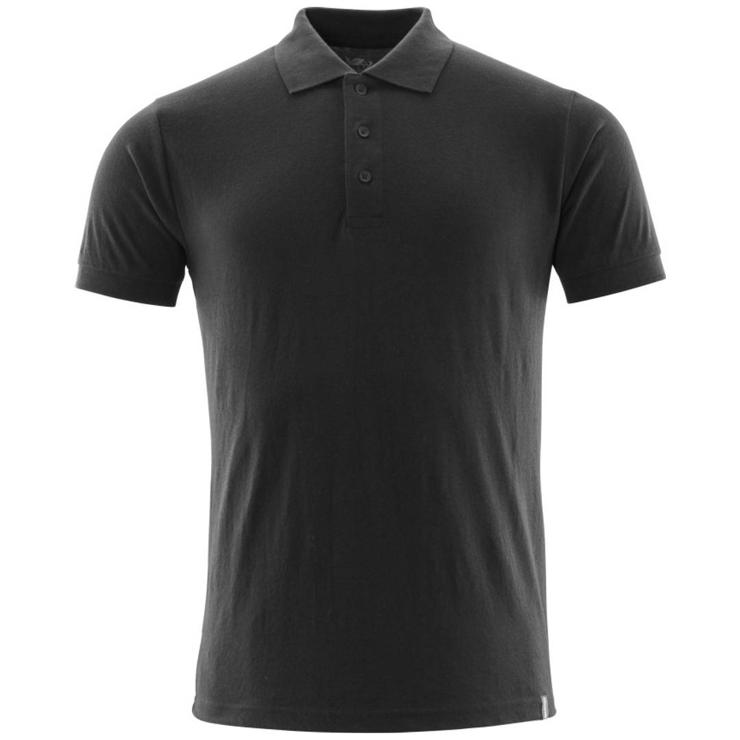 Schwarzes Poloshirt mit kurzen Ärmeln, Kragen und dreigeteilter Knopfleiste, flach vor weißem Hintergrund präsentiert.