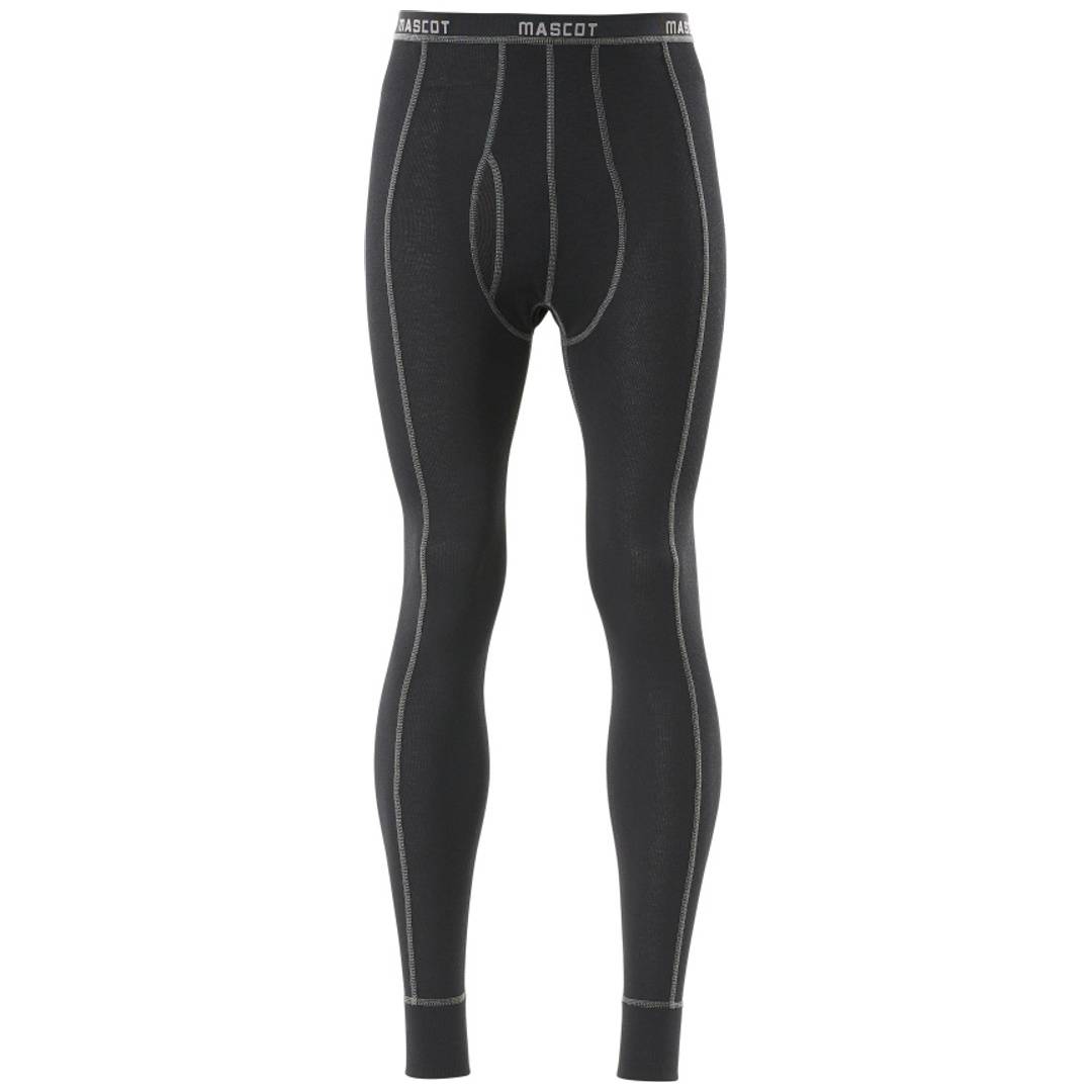 Schwarze lange thermische Leggings mit grauen Nahtlinien und elastischem Bund, auf weißem Hintergrund abgebildet.