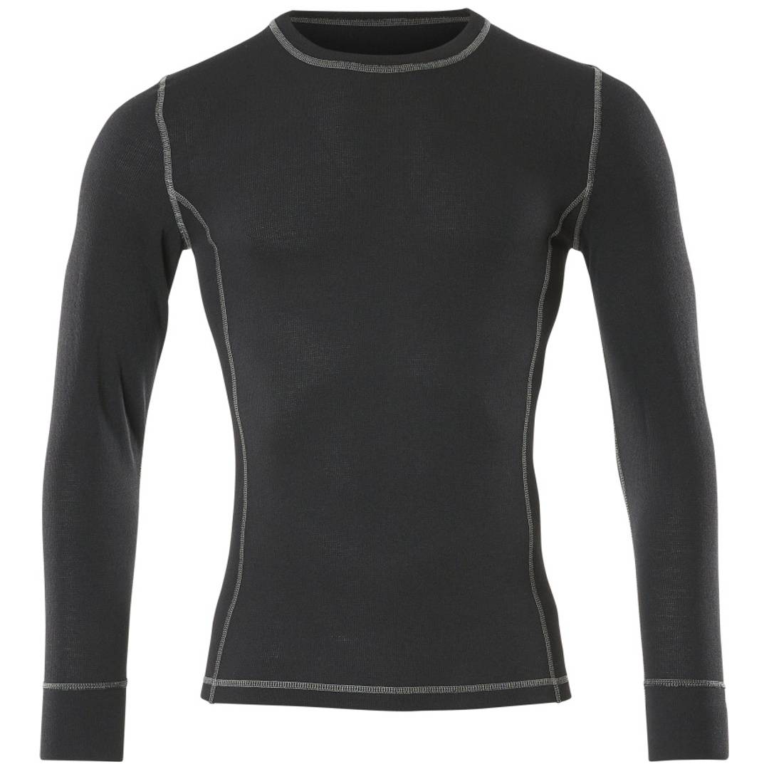 Schwarzes Langarm-Performance-Shirt mit tailliertem Rundhalsausschnitt und sichtbarer grauer Nahtverarbeitung, vor neutralem Hintergrund gezeigt.