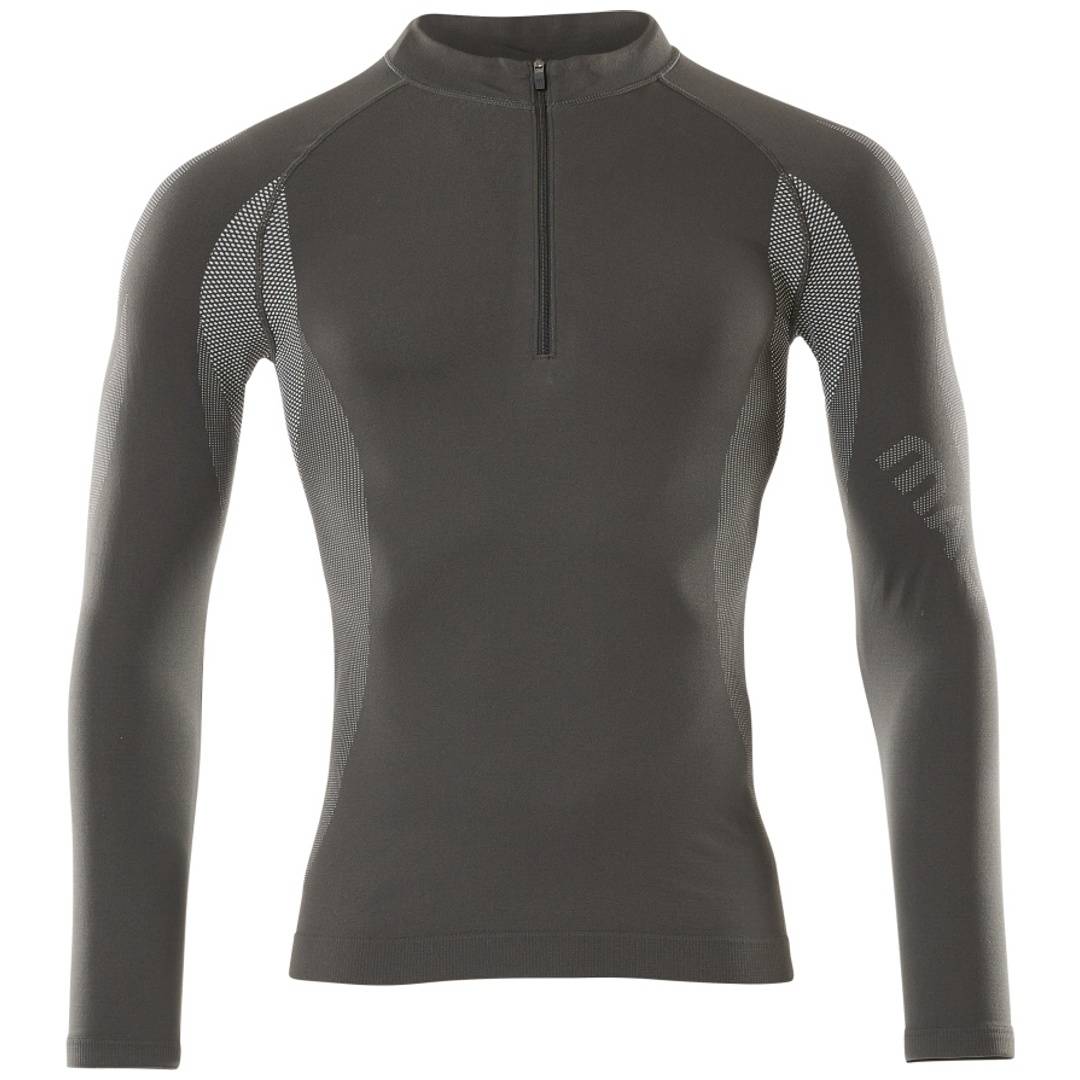 Schwarzer langärmeliger athletischer Pullover mit Halbreißverschluss-Kragen und Mesh-Schulterpaneelen, Vorderansicht auf weißem Hintergrund.