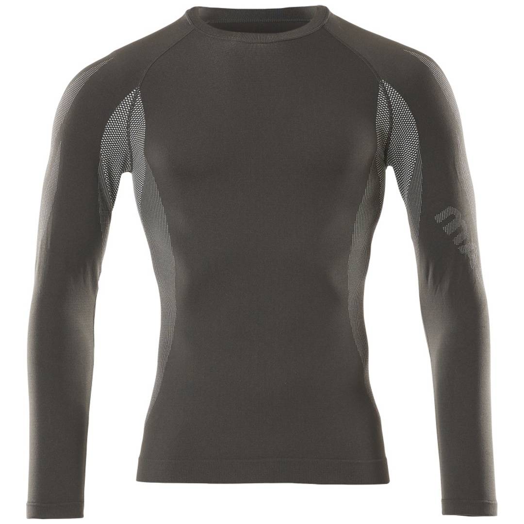 Schwarzes langärmeliges athletisches Kompressionsshirt mit grauen Mesh-Seiteneinsätzen, Vorderansicht auf weißem Hintergrund.