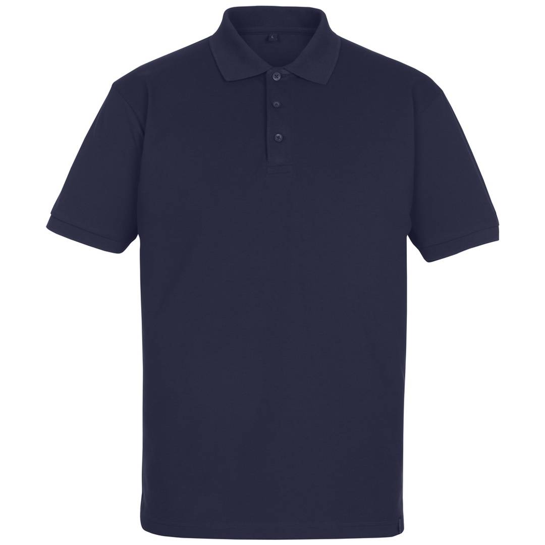 Marineblauers kurzärmeliges Poloshirt mit Kragen und dreiknöpfiger Knopfleiste, Vorderansicht auf einfachem Hintergrund dargestellt.