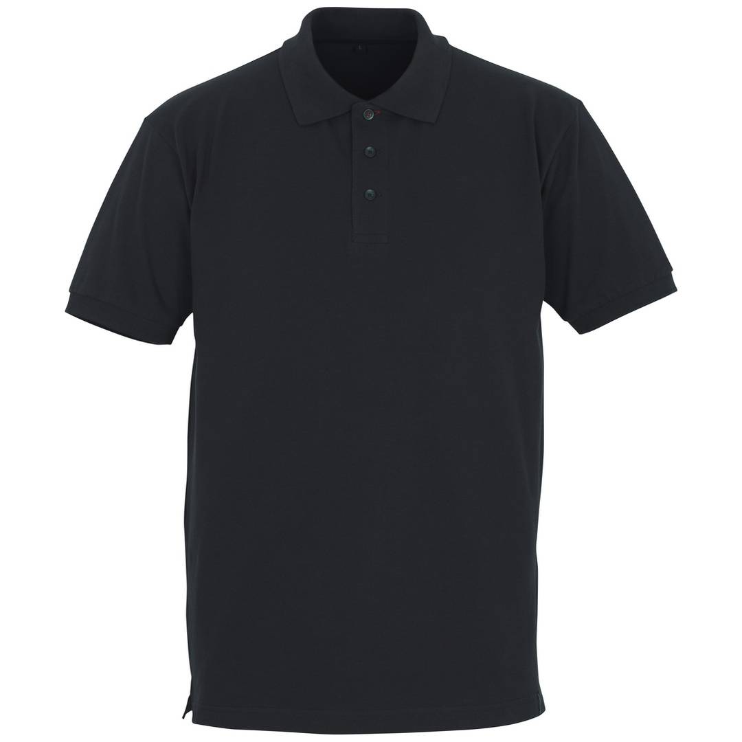 Schwarzes Kurzarm-Poloshirt in Vorderansicht auf einfachem weißem Hintergrund.