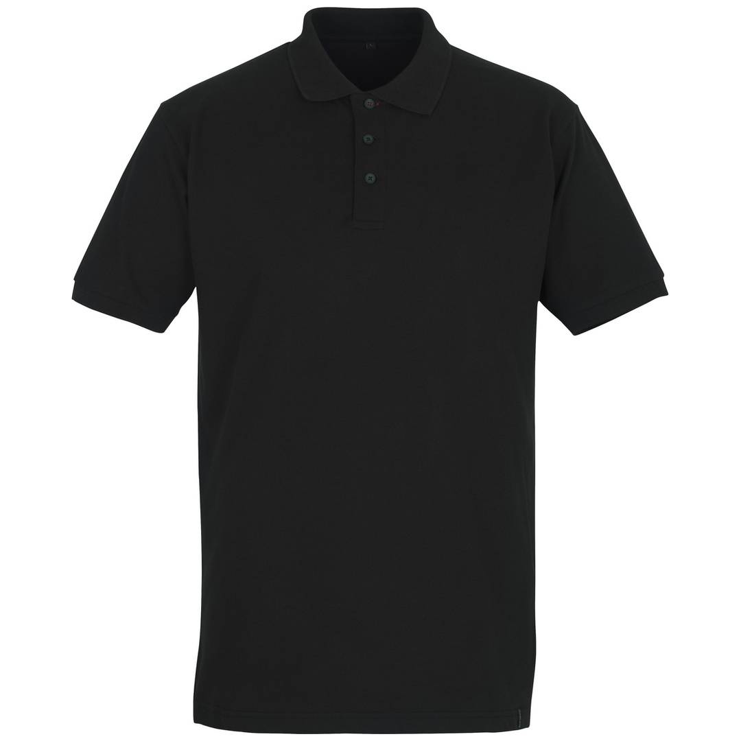 Schwarzes Poloshirt mit kurzen Ärmeln, frontal auf einem einfachen weißen Hintergrund gezeigt.