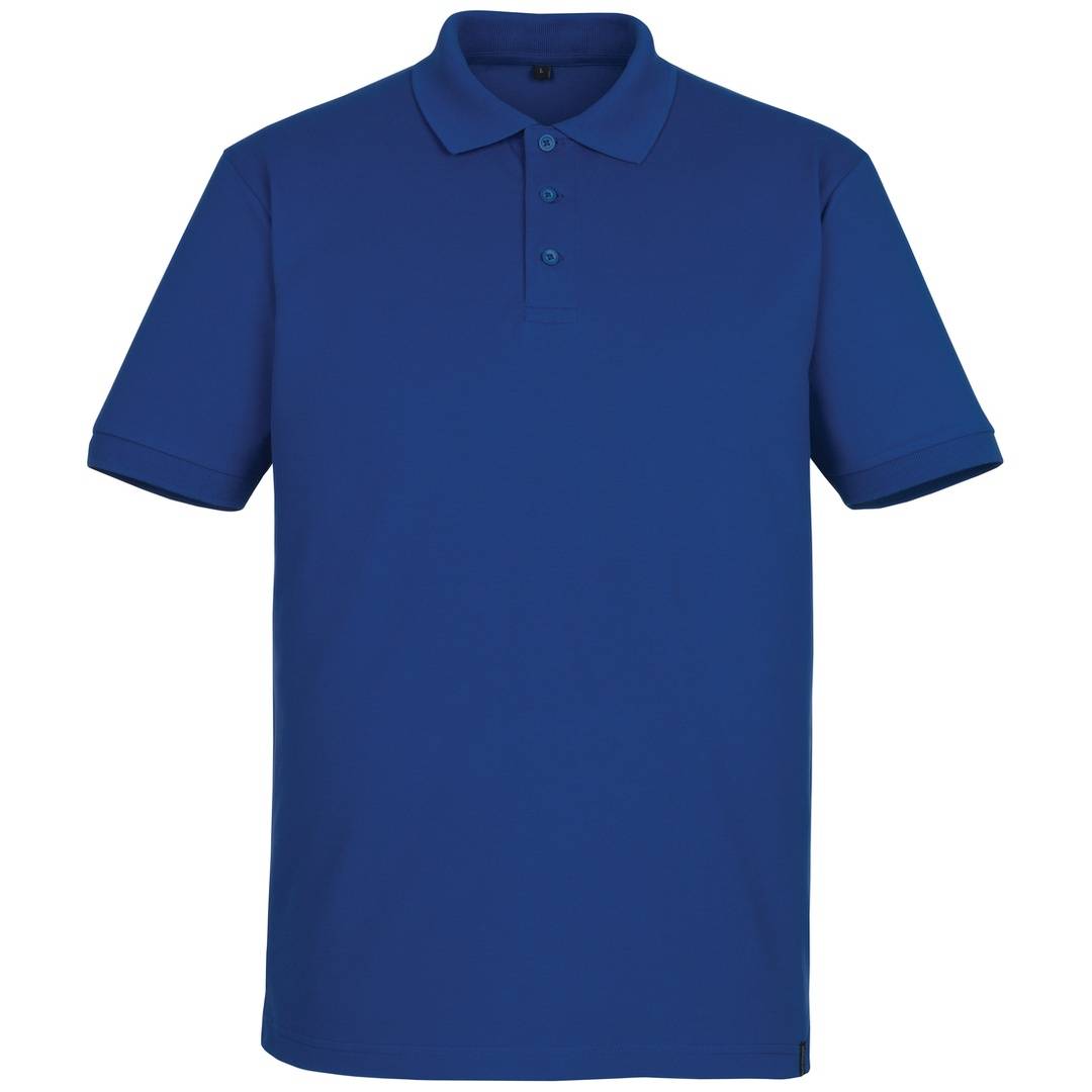 Blaues kurzärmeliges Poloshirt in Vorderansicht auf neutralem weißem Hintergrund.