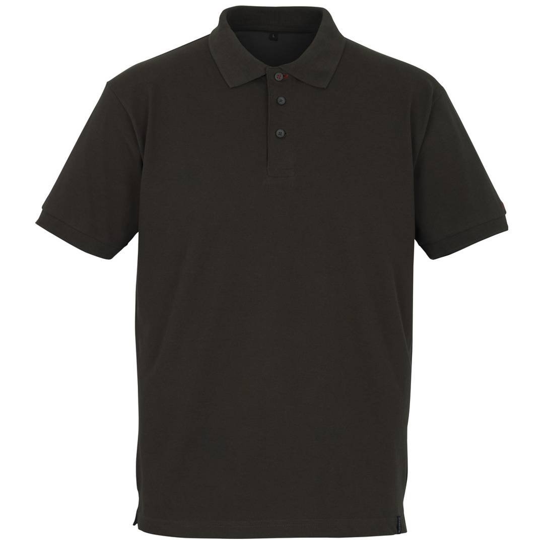 Schwarzes Kurzarm-Poloshirt mit einer Dreiknopf-Knopfleiste, Vorderansicht auf einfachem weißem Hintergrund.