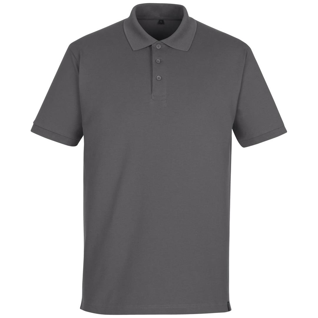 Dunkelgraues Kurzarm-Poloshirt mit Kragen und dreiknöpfiger Knopfleiste auf weißem Hintergrund.
