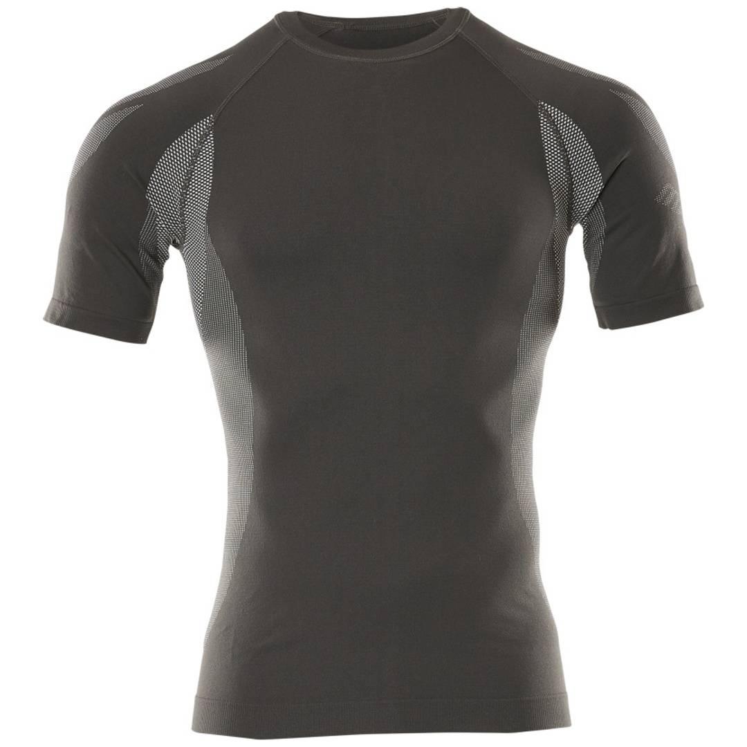 Dunkelgraues ärmeloses athletisches Kompressions-Shirt mit Mesh-Schulter- und Seiteneinsätzen, Vorderansicht auf weißem Hintergrund.