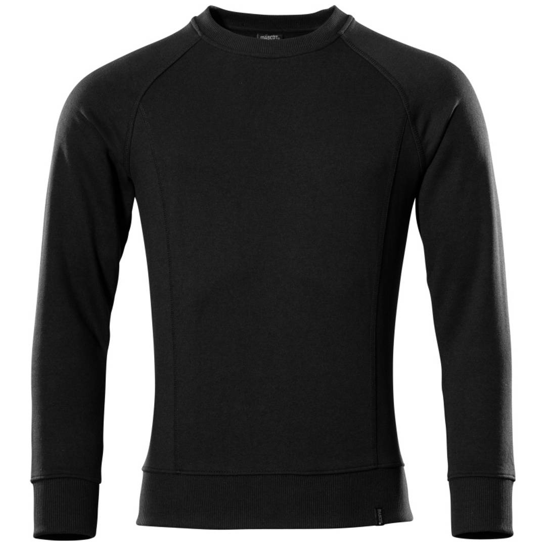 Schwarzes langärmeliges Athletik-Shirt mit Raglan-Nähten und gerippten Manschetten, Vorderansicht auf weißem Hintergrund gezeigt.