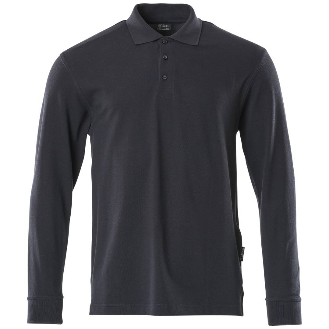 Dunkles Langarm-Poloshirt mit Kragen und dreigeteilter Knopfleiste, in Vorderansicht auf weißem Hintergrund dargestellt.
