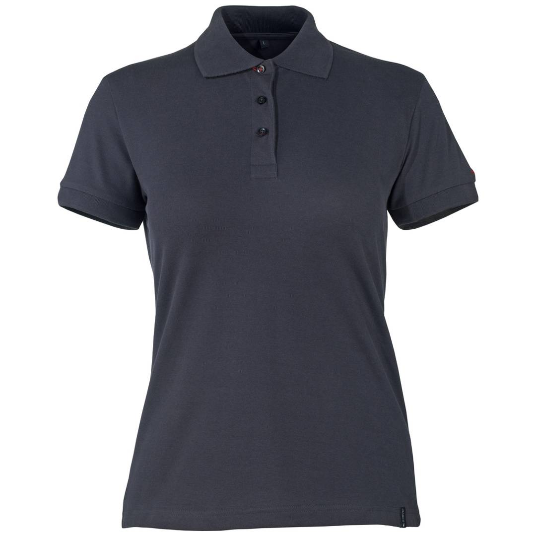Dunkelgraues Kurzarm-Poloshirt mit einer Drei-Knopf-Leiste, von vorne auf weißem Hintergrund gezeigt.