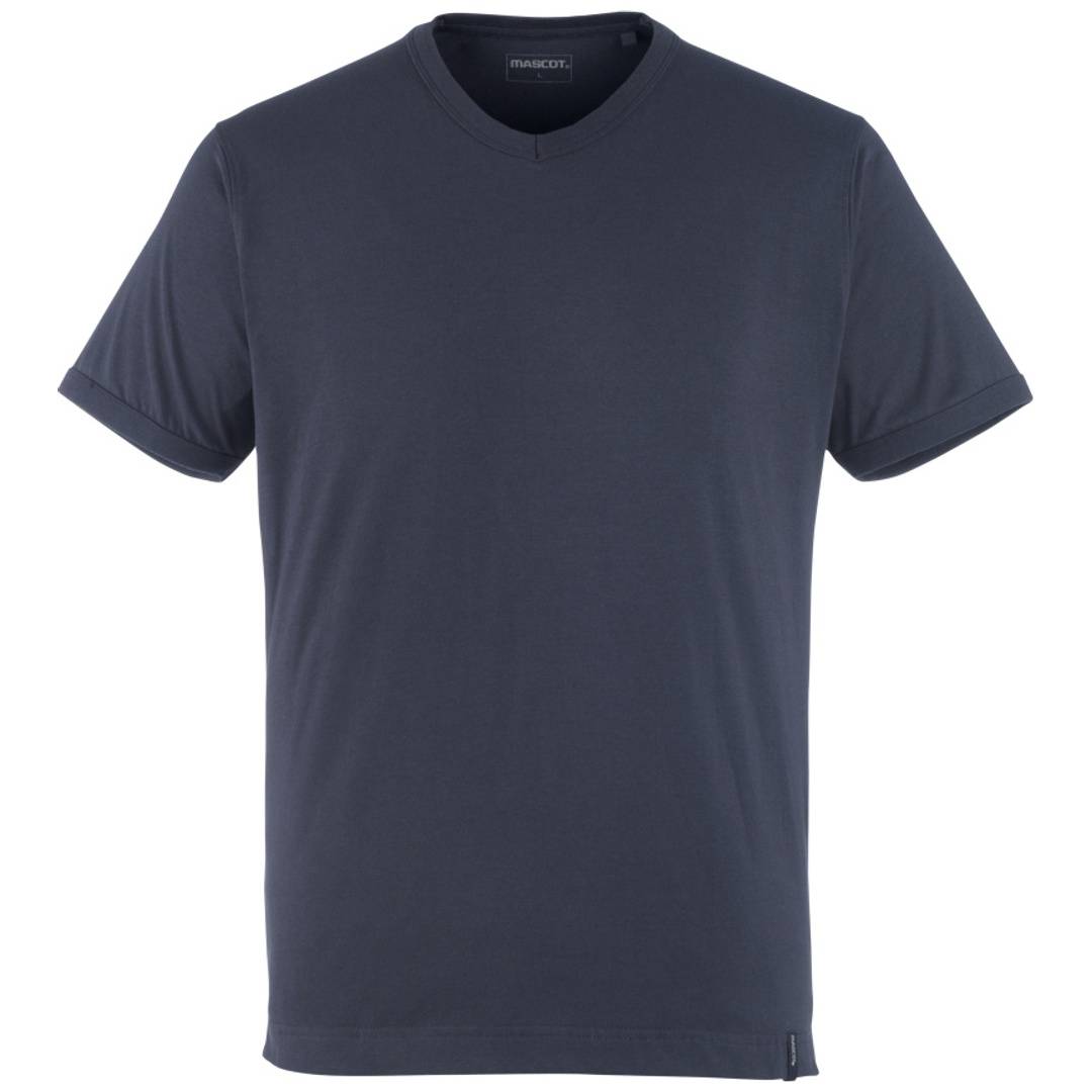 Dunkelgraues V-Ausschnitt-T-Shirt mit Kurzarm auf einfachem weißem Hintergrund angezeigt.