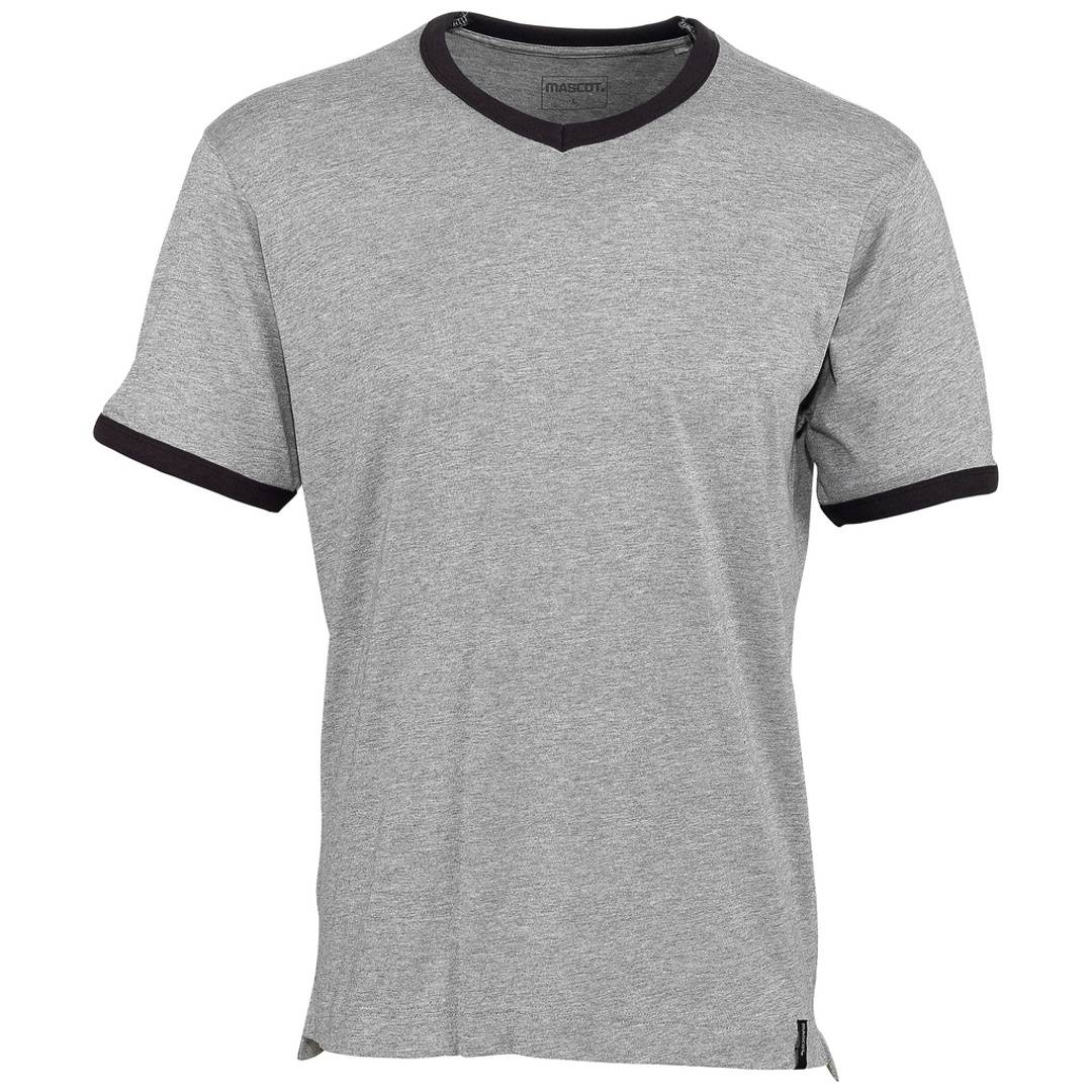 Graues kurzärmeliges V-Ausschnitt-T-Shirt mit schwarzem Saum an Kragen und Manschetten, von vorne auf weißem Hintergrund abgebildet.
