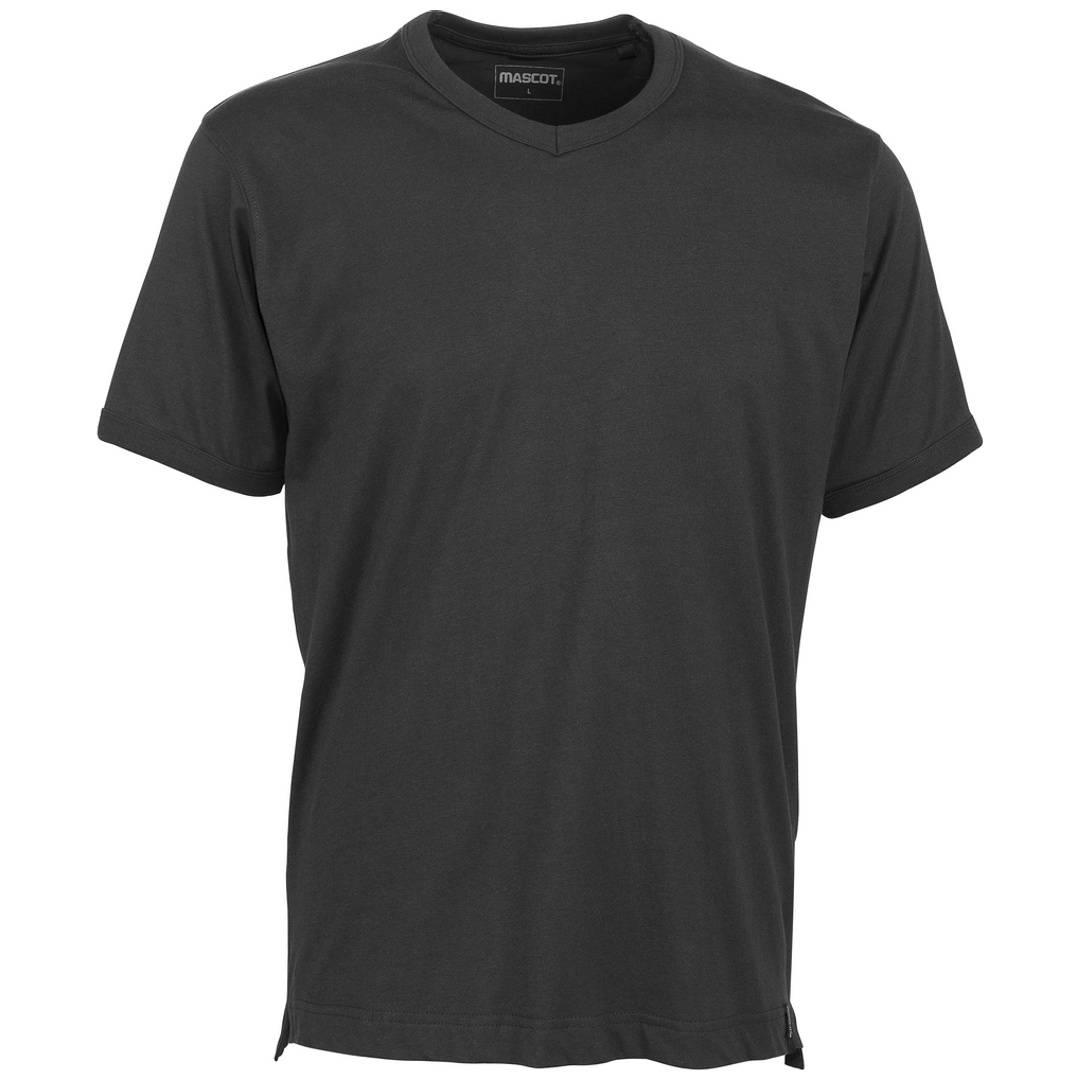 Schwarzes ärmelloses V-Ausschnitt-T-Shirt in Vorderansicht auf weißem Hintergrund.