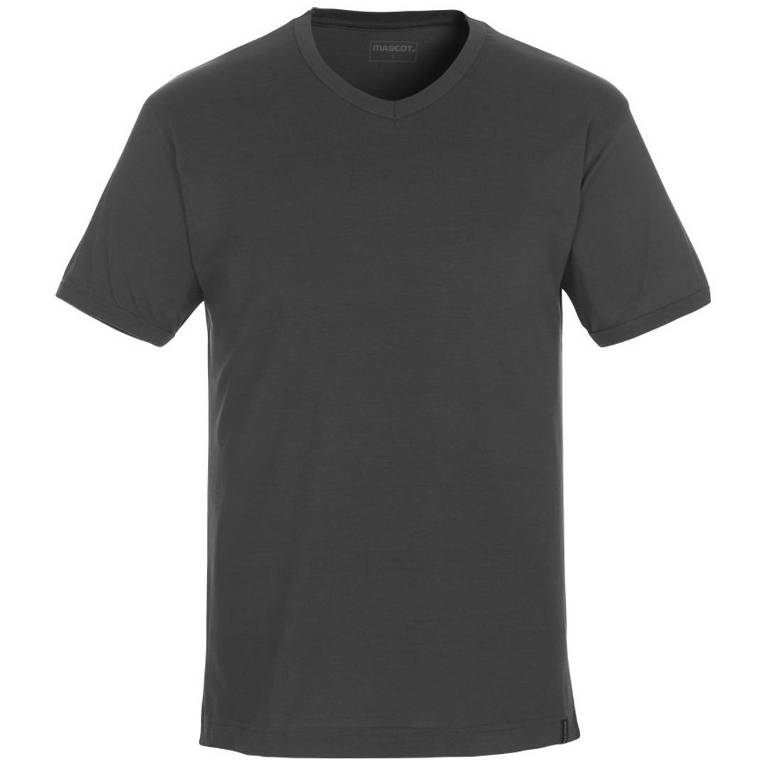 Dunkelgraues V-Ausschnitt-Kurzarm-T-Shirt auf weißem Hintergrund.