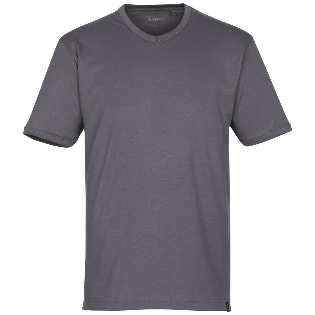 Graues ärmelloses T-Shirt mit V-Ausschnitt, Vorderansicht auf einfachem weißem Hintergrund.
