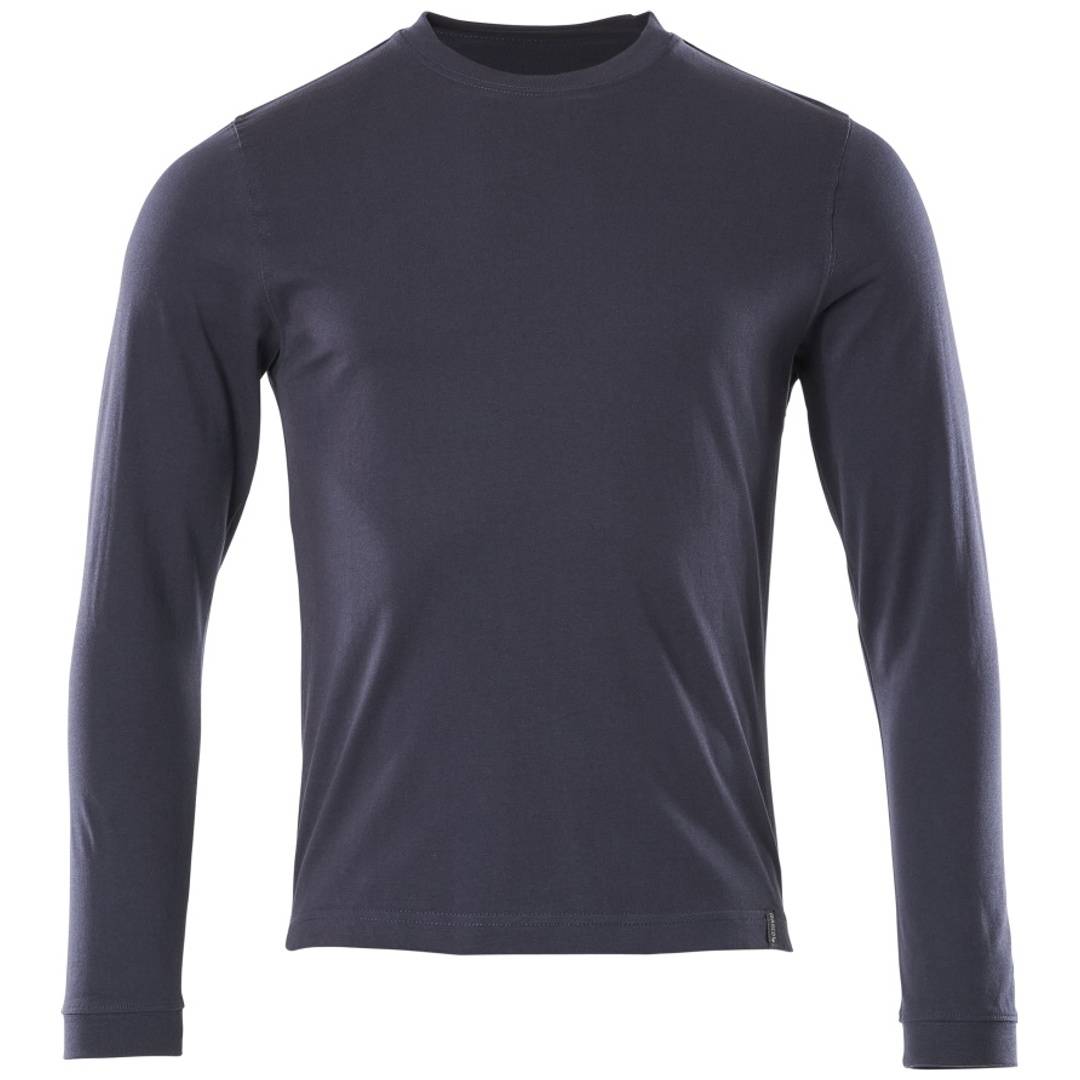 Dunkelblaues Langarm-Crewneck-Shirt in Vorderansicht auf einfachem weißem Hintergrund gezeigt.