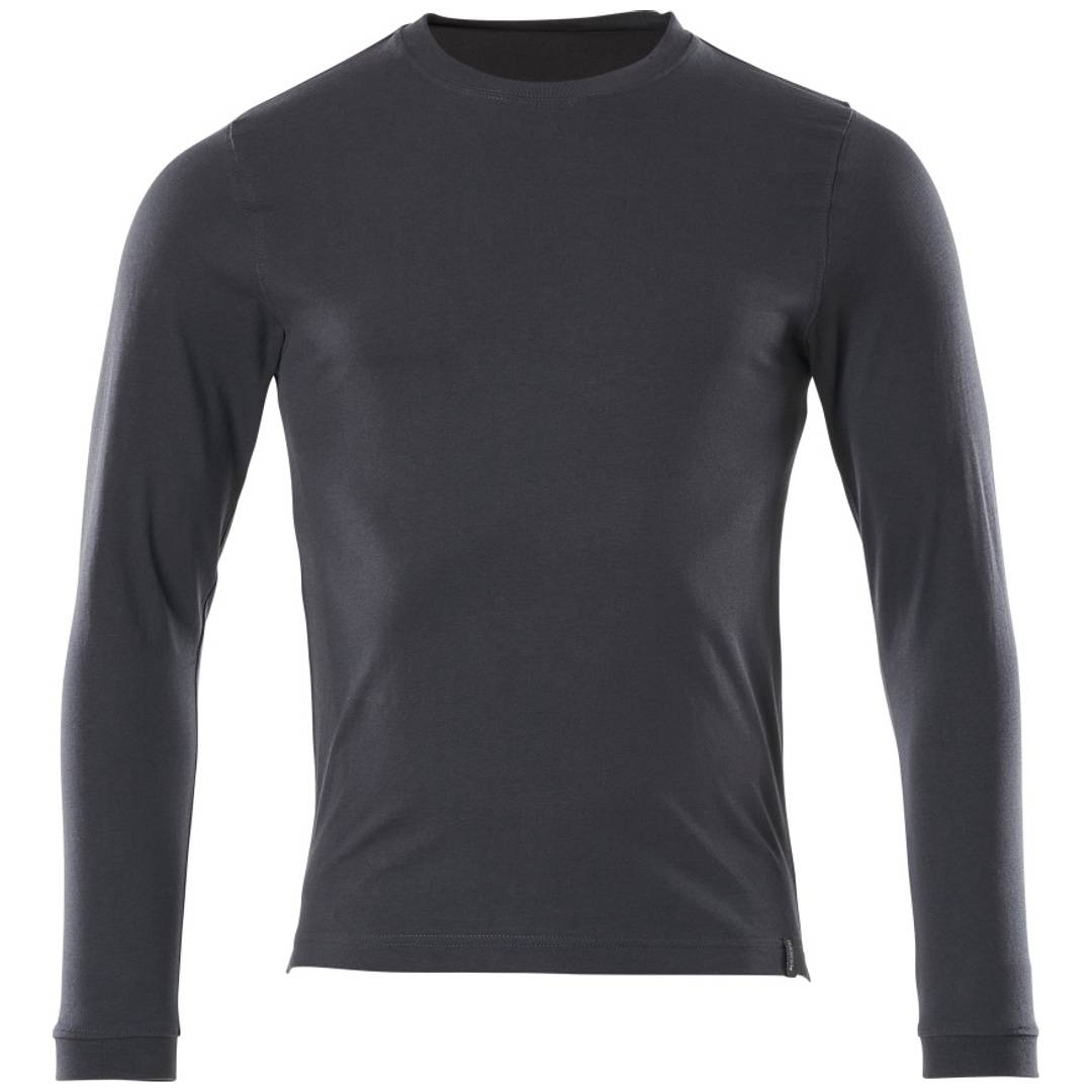 Dunkelgraues Langarm-Rundhals-Shirt, Vorderansicht auf weißem Hintergrund dargestellt.