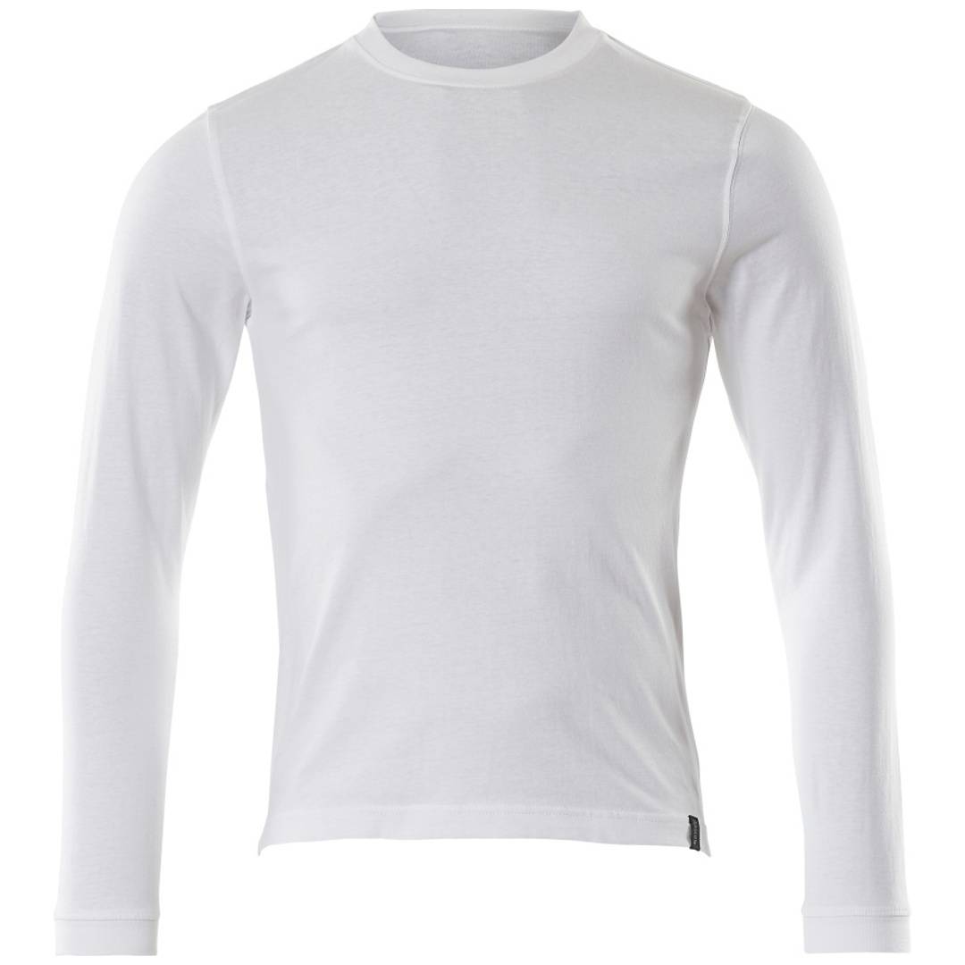 Einfaches weißes Langarm-Crewneck-Shirt in Vorderansicht auf weißem Hintergrund.