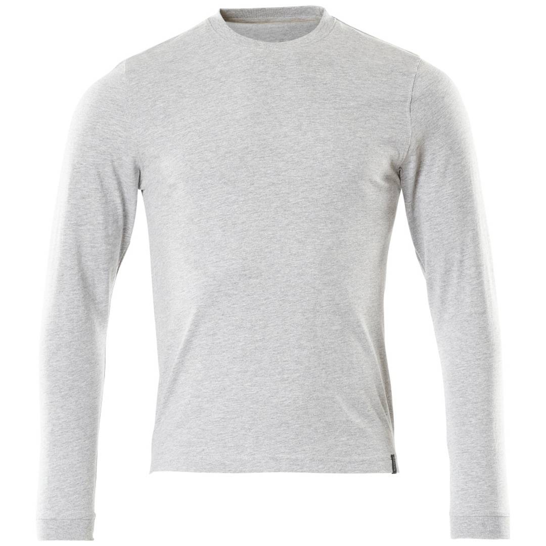 Hellgraues Langarm-Crewneck-Shirt in Vorderansicht auf weißem Hintergrund dargestellt.