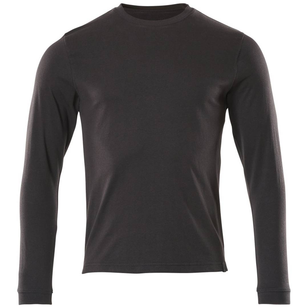 Schwarzes Langarm-Rundhals-Shirt in Vorderansicht auf einfachem weißem Hintergrund.